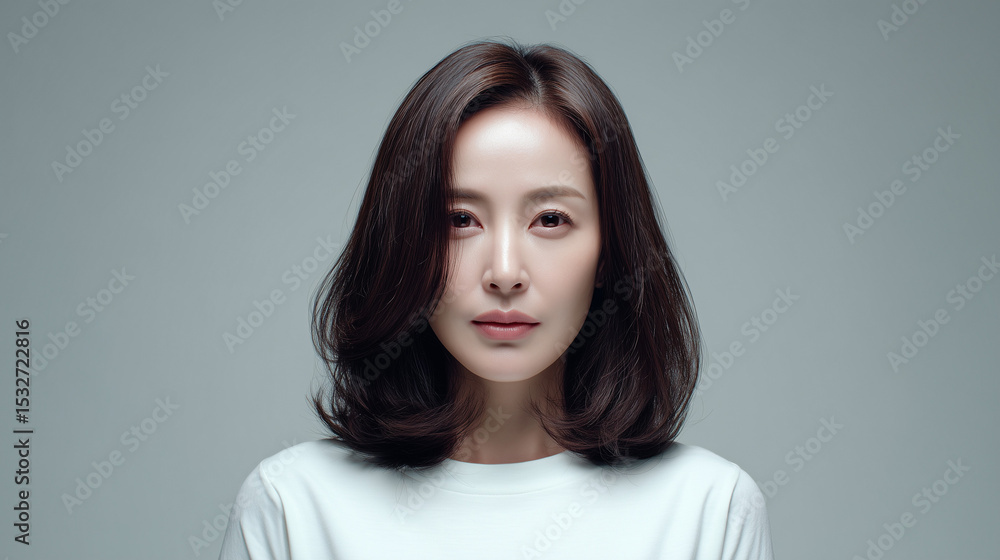 Fototapeta premium A Korean woman in her mid-40s with precise, shoulder-length C-curl hair
