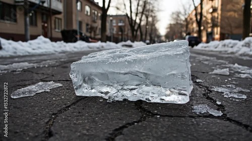Ice block on asphalt street with urban buildings in winter  