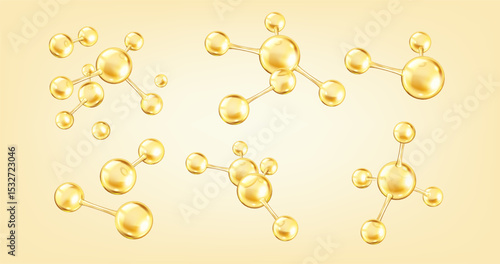 Golden collagen molecules realistic color icons set. Structure of innovative cosmetic element 3d objects bundle on yellow background