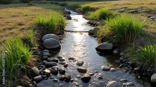 Tranquil stream flowing through grassy field with smooth stones  