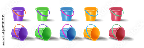 Collection of vibrant plastic buckets in various colors. Perfect for beach or sandbox play. Features shadows and realistic details on a white background.