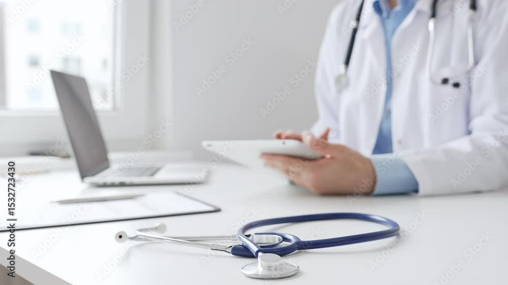 Closeup of blue stethoscope is lying on the table near female doctor reviewing patient data on tablet, representing digital healthcare workflow in contemporary medical setting Closeup of blue stethoscope is lying on the table near female doctor reviewing patient data on tablet, representing digital healthcare workflow in contemporary medical setting