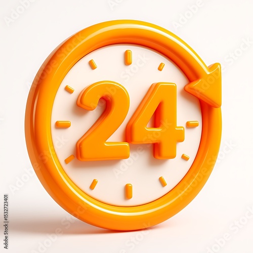 3d icon of orange 24 hour clock isolated on white background