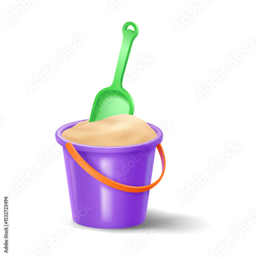 Illustration of a vibrant purple bucket filled with sand and a green shovel. Bright colors evoke fun and playful beach or sandbox activities for children.