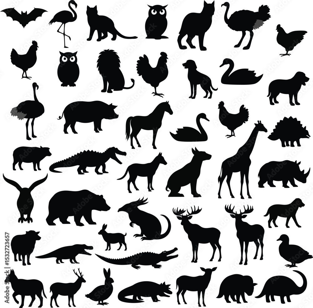 Naklejka premium Black and White Animal Silhouettes Poster in Grid Layout