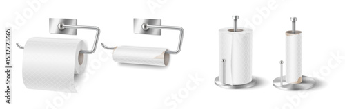 Illustration of toilet paper on holders, realistic style, neutral colors. Represents bathroom and kitchen essentials, cleanliness, and hygiene.