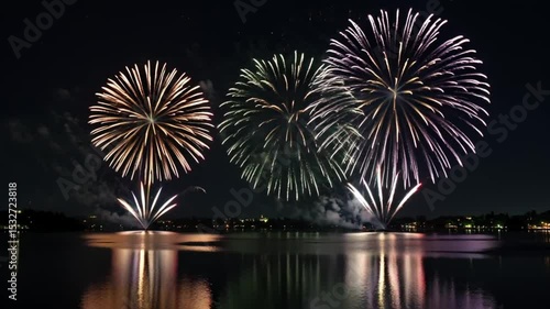 Colorful fireworks exploding over a lake at night  