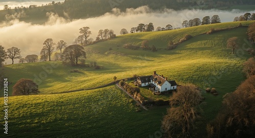 A scenic view of a hillside with a house trees and fog in the background on a sunny day landscape