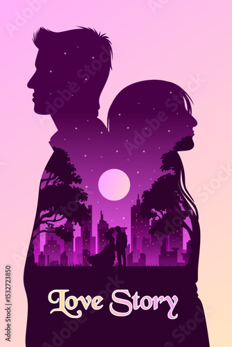 Romantic Love Story Movie Poster with Double Exposure Effect