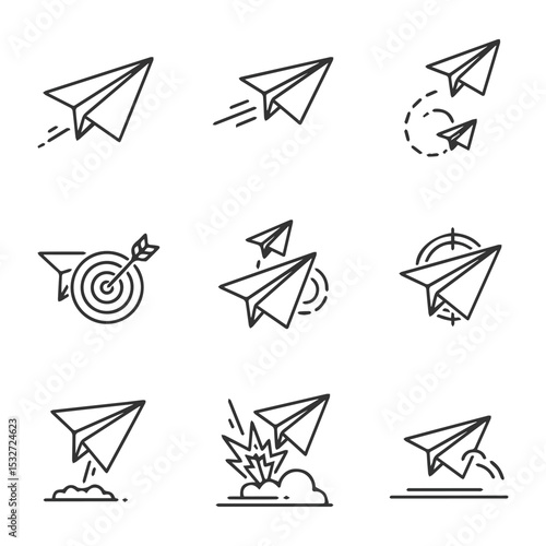Nine paper airplane icons flight target and delivery