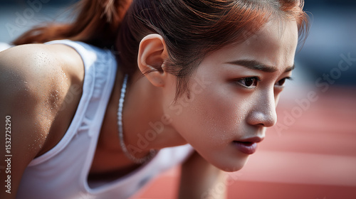 Wallpaper Mural Konzentrierte asiatische Läuferin mit Pferdeschwanz in der Startposition bereit für den Sprint auf roter Laufbahn Torontodigital.ca