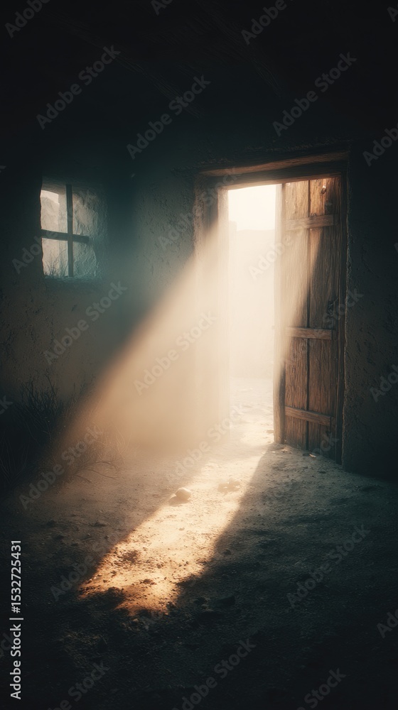 Sunbeam illuminates dusty room, open door reveals bright exterior, contrasting dark interior Sunbeam illuminates dusty room, open door reveals bright exterior, contrasting dark interior