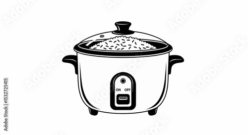 This high-quality vector illustration features a solid black silhouette of an electric rice cooker with cooked rice inside, a glass lid, and a control panel, all with fine details.