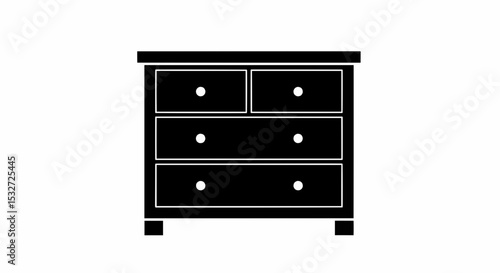 This high-quality vector illustration features a solid black dresser silhouette with a rectangular top, six drawers, and white round knobs, all with clear, defined edges on a white background.