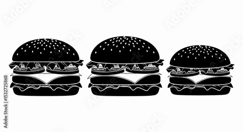 Solid black hamburger graphics. Each one has distinct components, such as a bun, patty, cheese, lettuce, and tomato, all with clear, defined edges on a white background. Vector