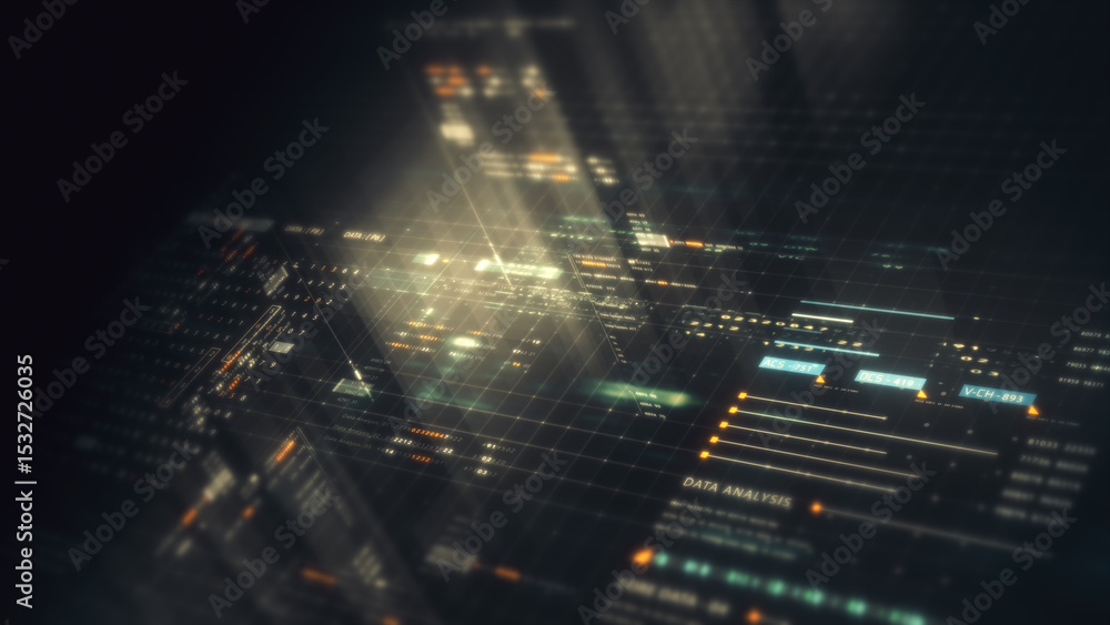 Obraz premium Futuristic network simulation blending AI, quantum physics, and deep learning, with a particle matrix analyzing data in a sleek, background animation display