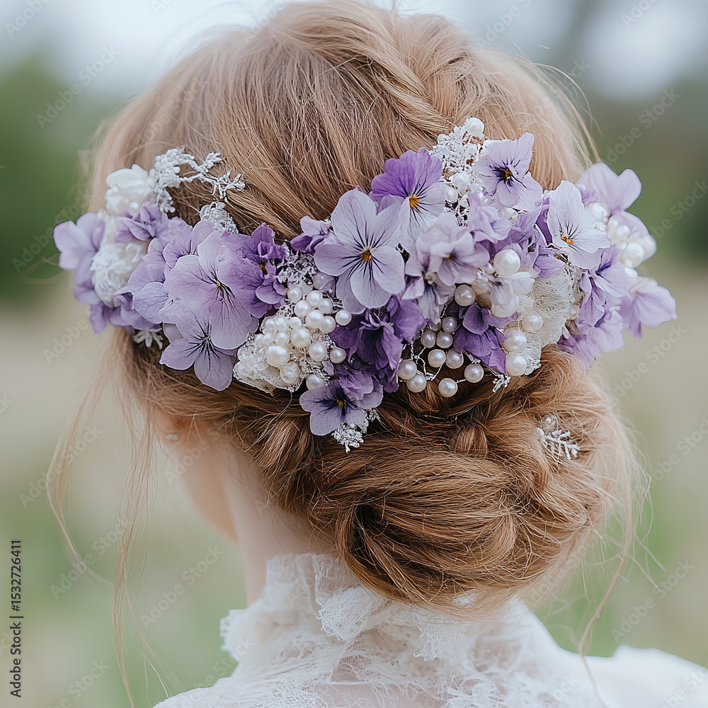 Naklejka premium Beautiful bridal hairstyle adorned with delicate purple flowers and pearls showcasing elegance in a serene outdoor setting