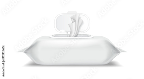 Highquality illustration of a wet wipes package with the lid open. Designed in a realistic style with a white color palette. Represents hygiene and convenience.