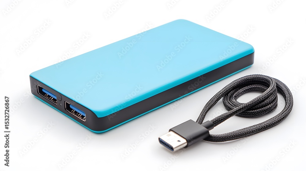 A teal power bank with usb ports and a black cable on a white surface. A teal power bank with usb ports and a black cable on a white surface.