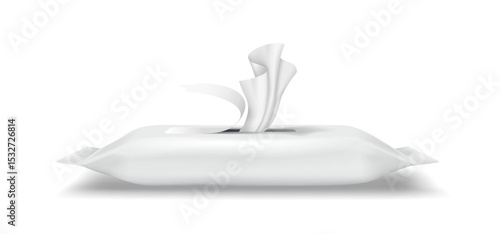 Vector illustration of a white wet wipes package in realistic style. Soft and clean design, primarily in shades of white. Ideal for hygiene and personal care promotions.