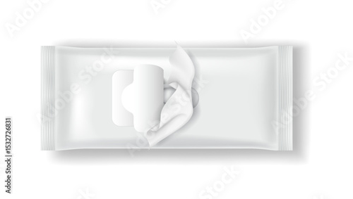 Realistic illustration of white wet wipe packaging with an open lid. Clean and simple design. Perfect for hygiene and personal care products. White background enhances the minimalist style.