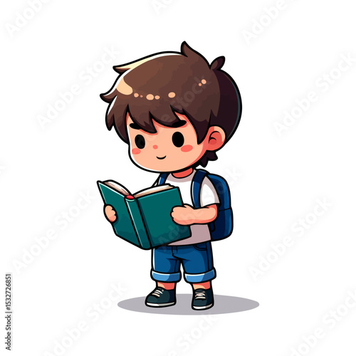 Adorable Cartoon Boy Reading a Book: School, Education, and Knowledge