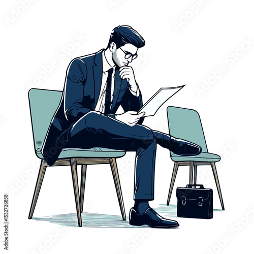A Pensive Businessman Reviews Documents While Waiting in an Office
