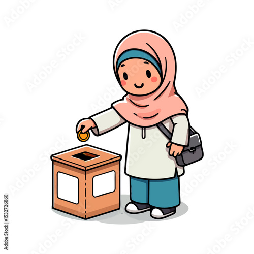 A young girl in a hijab makes a donation to a charity box, symbolizing kindness, generosity, and community support.