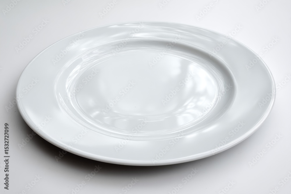 A pristine, round, white ceramic dinner plate, subtly curved, sits on a plain white background, reflecting soft light A pristine, round, white ceramic dinner plate, subtly curved, sits on a plain white background, reflecting soft light