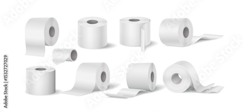 Set of realistic toilet paper rolls in various positions. White, clean, and detailed. Perfect for bathroom product mockups and advertisements. Against a plain background.