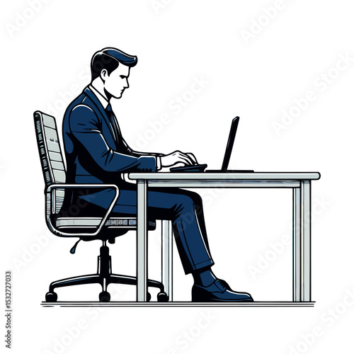 Focused Businessman Working on Laptop at Office Desk: Productivity and Success in Corporate Career