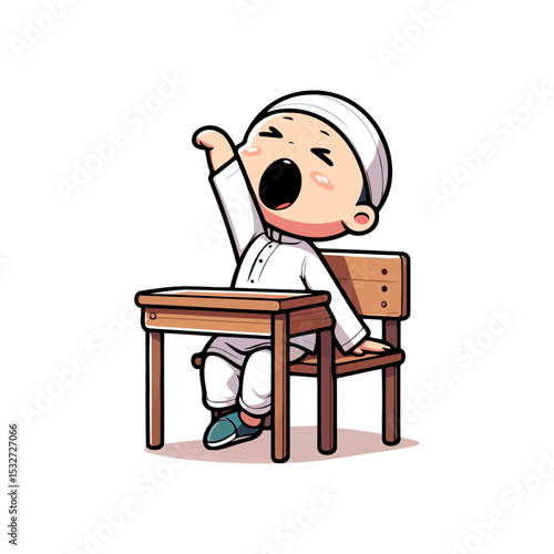 Sleepy Student: A Cute Cartoon Illustration of a Yawning Boy at School