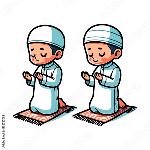 Adorable Muslim Boy Kneeling in Prayer: A Heartwarming Illustration of Islamic Faith and Devotion