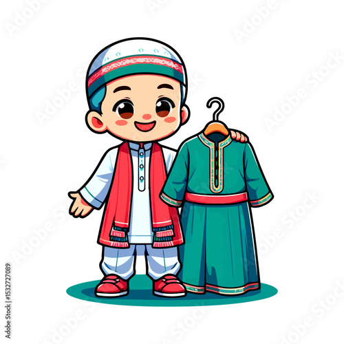 Adorable Muslim Boy in Traditional Clothing: Eid Celebration Illustration