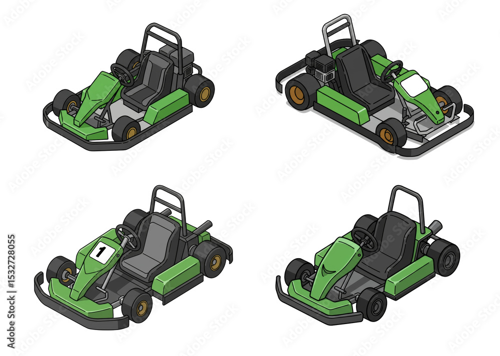 Fototapeta premium Isometric cartoon illustration of a green gokart on a clean white background