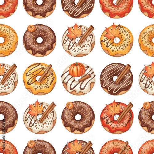 Autumn Donuts Seamless Pattern with Fall Spices and Decorations