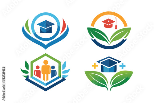 Education Logos  Graduation Cap, Leaves, and Community Icons for Sustainable Learning