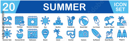 Summer Icon Set With Sun Umbrella, Holidays, Summer Holidays, Sun, Bonfire, Cold Drink, Beach Ball, Ice Cream, Summer Beach, Sunset, Summer Sale, Coconut Drink, Halloween, Beach