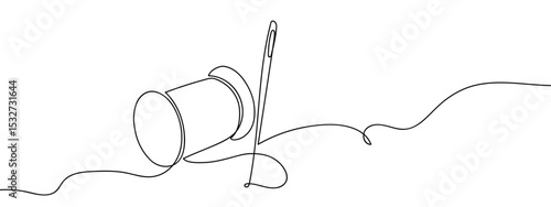 Continuous line, sewing needle and thread spool Vector lines, cut background, editable strokes.