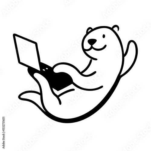 A charming cartoon bear engrossed in using a laptop, exuding a sense of relaxation and technological ease. The illustration has clean lines and conveys a playful, approachable vibe