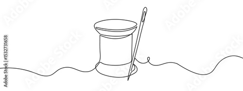 Continuous line, sewing needle and thread spool Vector lines, cut background, editable strokes.
