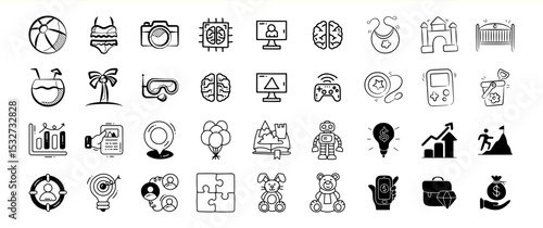 Black and White Doodle Icons Set Bundle 46 Business Travel Baby Toys