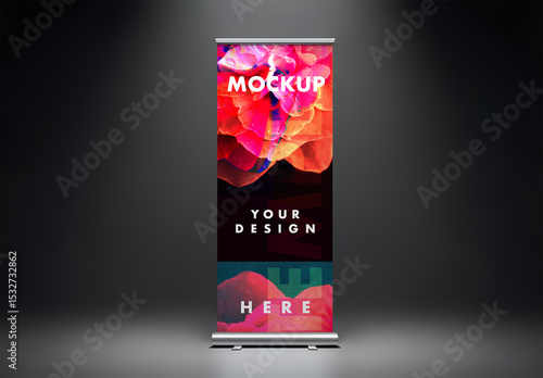 Roll-up Banner Mockup on Dark Background with Soft Studio Lighting