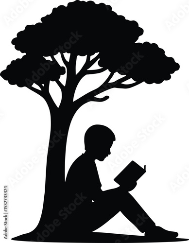 Silhouette Boy reads under a tree vector illustration