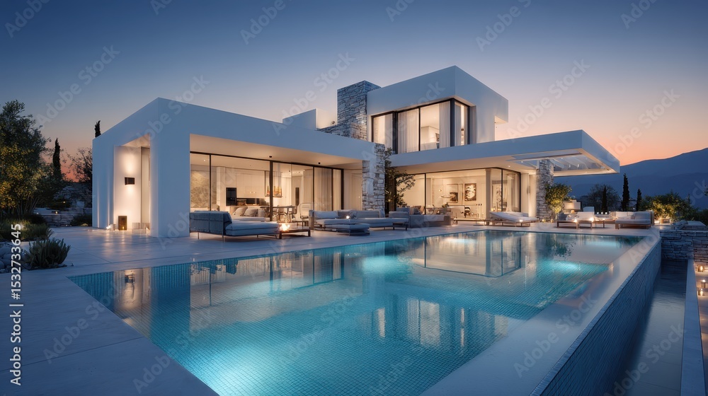 Fototapeta premium Luxurious modern villa glowing at twilight, featuring infinity pool overlooking dramatic mountain landscape, radiating sophisticated relaxation and architectural elegance