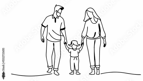 Family walking together illustration vector art parents child happiness love bonding care line art design vector