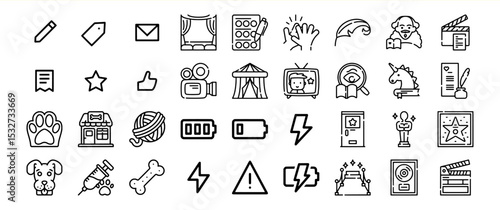 Black and White Icon Set Entertainment Filmmaking Pet Shop