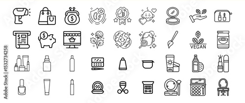 Black and White Line Art Icons Bundle Cosmetics Shopping Vegan Beauty