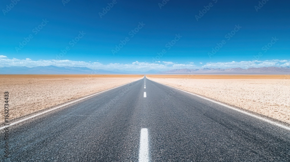 Naklejka premium A long empty road leading through a vast salt flat, surrounded by barren, endless landscape.