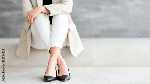 Woman in white pants and beige blazer sitting on bench, wearing black flats, modern style